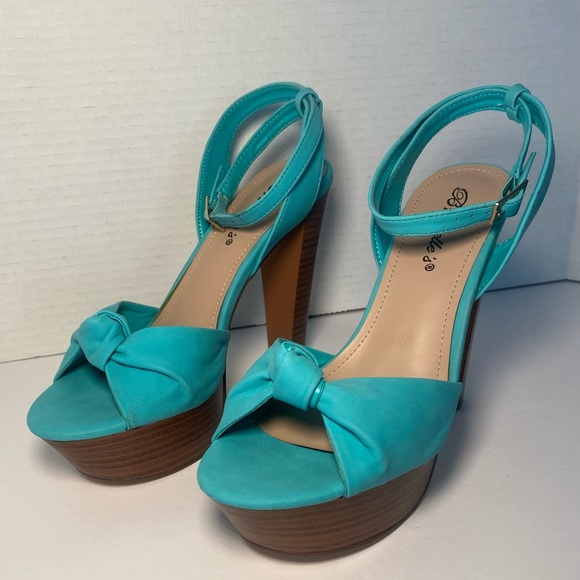 Breckelles peep toe chunky platform sandals heels aqua blue 6.5 - Picture 2 of 9